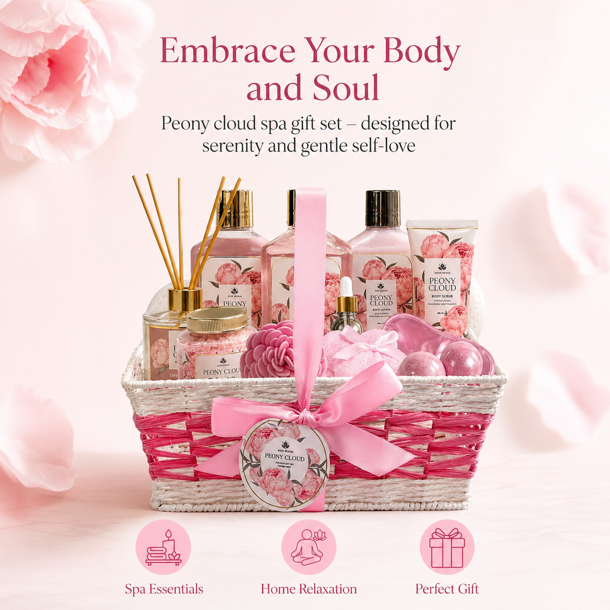 Peony Cloud Spa Gift Basket for Women – 13 Pieces