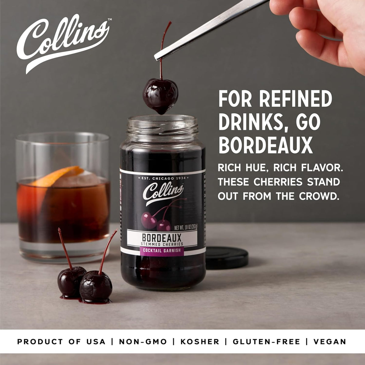 Collins Bordeaux Style Cocktail Cherries — 10 oz