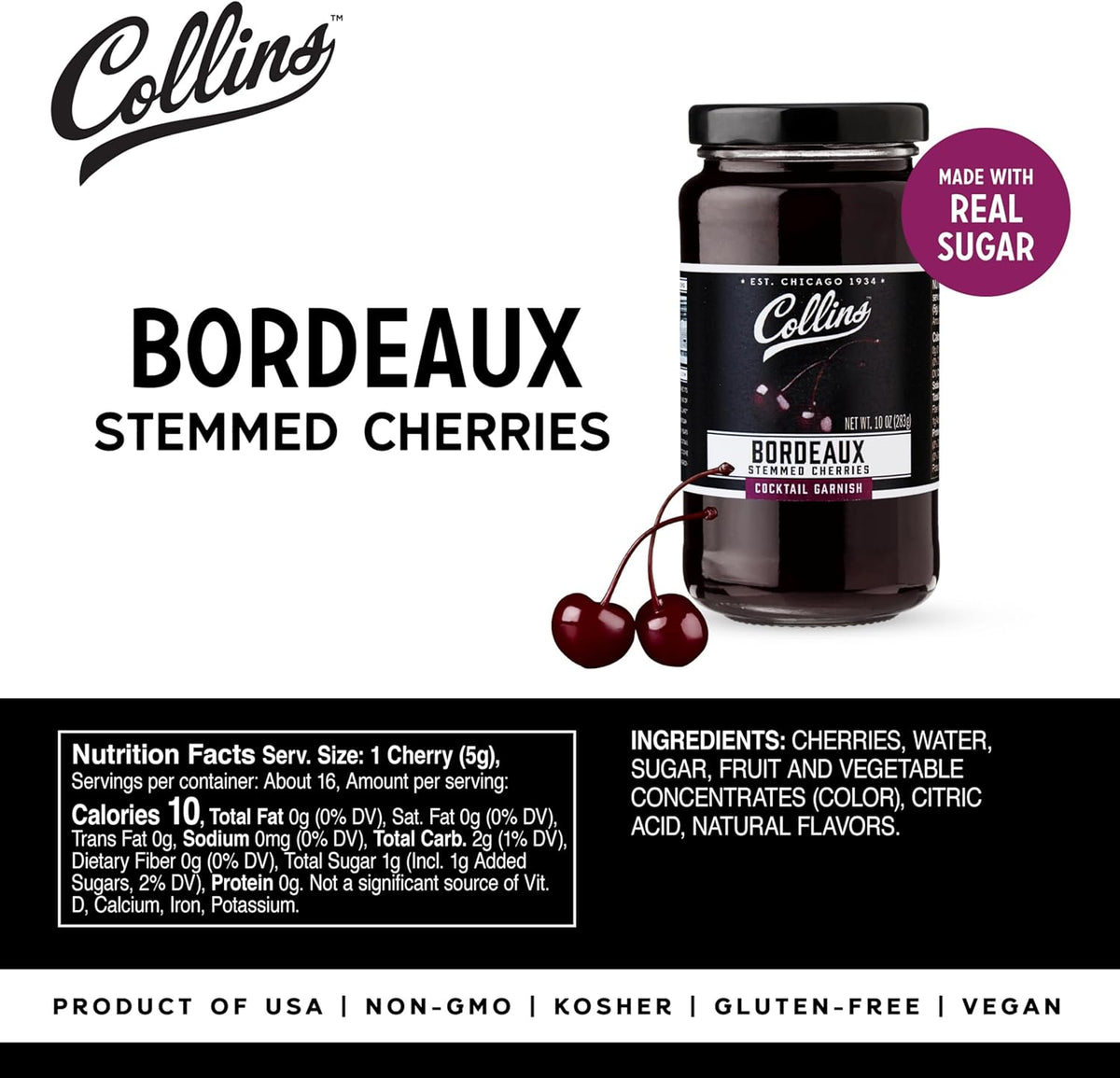 Collins Bordeaux Style Cocktail Cherries — 10 oz